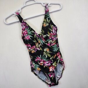Aqua Green One Piece Swimsuit Womens 6 Black Floral Tropical Ruched Retro Resort